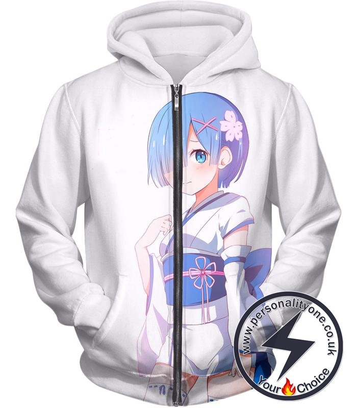 Re:Zero Re:Zero Cute Maid Rem White Anime Zip Up Hoodie